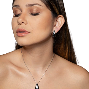 CONJUNTO BRINCO E COLAR LISO BANHADO RÓDIO BRANCO