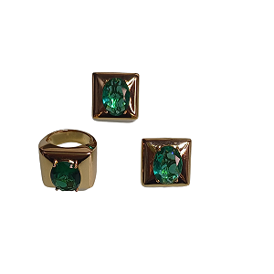 CONJUNTO BRINCO E ANEL ZIRCONIA VERDE BANHADO OURO 18K Nº19
