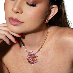 CONJUNTO DE FLOR BRINCO E COLAR 38CM BANHADO OURO 18K