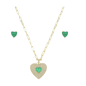CONJUNTO BRINCO E COLAR VERDE 40CM ZIRC BANHADO A OURO 18K