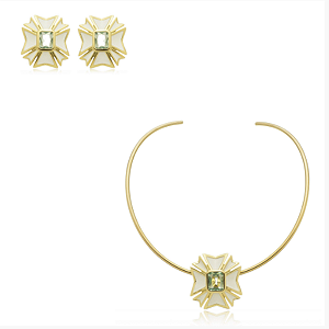 CONJUNTO BRINCO E COLAR RESINA E ZIRCONIA BANHADO OURO 18K COD.69452