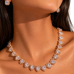 CONJUNTO COLAR E BRINCO CORAÇÃO CRAVEJADO ZIRCÔNIAS