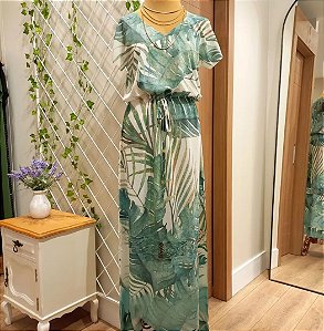 Vestido longo crepe folhagem