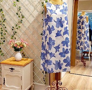 Vestido midi Flor azul anil sem manga