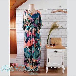 Vestido longo em viscose pássaro