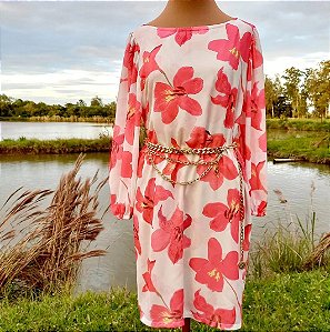 Vestido midi Flor cor coral manga longa