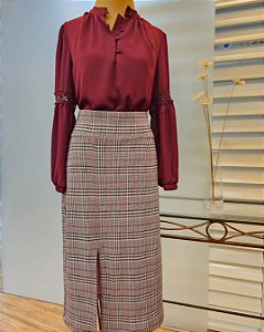 Saia midi forrada xadrez príncipe de Gales com fenda