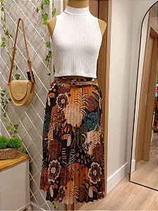 Saia midi plissada Tucano em Flor 🤎