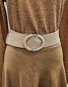 Cinto elástico palha fivela oval bege