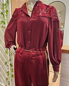 Camisa manga longa crepe renda marsala ♡
