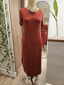 Vestido midi com bolso terracota