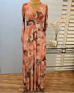 Vestido longo tule rosado floral