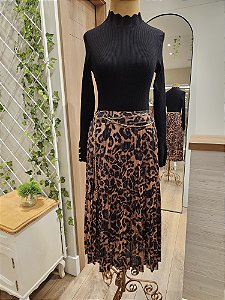 Saia midi plissada animal print preto e caramelo🐆