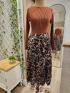 Saia midi plissada animal print preto e bege 🐆