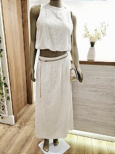 Conjunto saia e cropped laise off-white 🤍