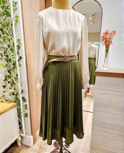 Saia midi plissada verde militar ♡