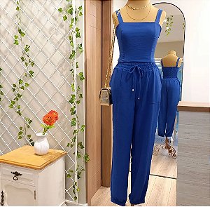 Calça jogger e cropped crepe azul