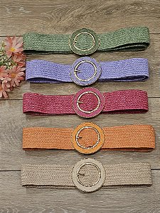 Cinto largo de elástico palha fivela redonda