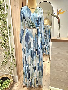 Vestido longo tule folhas azul