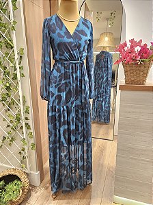 Vestido longo tule estampa azul
