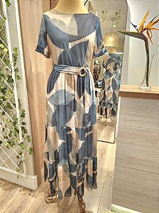 Vestido longo tule manga curta estampado azul