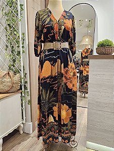 Vestido longo com bolso estampa sol e flores