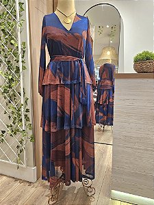 Vestido longo festa tule azul e terracota