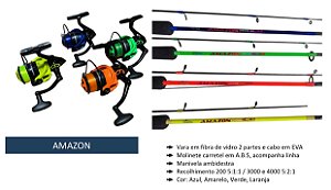 Kit Pesca Amazon Molinete com Linha Colocada + Vara Maciça - Molinete 200 1 Rolamento 3000 4000 3 Rolamentos - Vara 1,20 1,35 1,50 Metros 6 - 12 Libras 1,68 1,80 Metros 8 - 17 Libras Fibra de Vidro Maciça