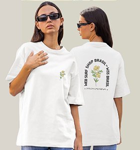 Camiseta Oversized Feminina Branca Algodão Premium WSS Yellow Bloom