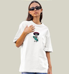 Camiseta Oversized Feminina Branca Algodão Premium WSS Skull Skate
