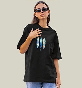 Camiseta Oversized Feminina Preta Algodão Premium WSS Floral Surf