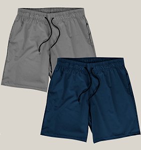 Kit 2 Bermudas Academia Praia Corrida Masculina Elastano Premium Tactel WSS Brasil Basic Cinza e Azul
