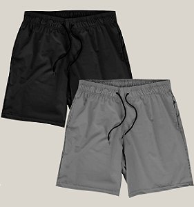 Kit 2 Bermudas Academia Praia Corrida Masculina Elastano Premium Tactel WSS Brasil Preto e Cinza
