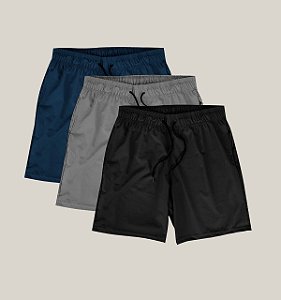 Kit 3 Bermudas Academia Corrida Praia Masculina Elastano Premium Tactel WSS Basic Preto, Azul e Cinza