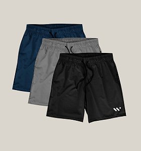 Kit 3 Bermudas Academia Corrida Praia Masculina Elastano Premium Tactel WSS Web Party Preto, Azul e Cinza
