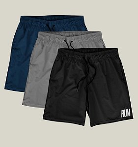 Kit 3 Bermudas Academia Corrida Masculina Elastano Premium Tactel WSS Run Minimalist Preto, Azul e Cinza