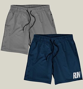 Kit 2 Bermudas Academia Corrida Masculina Elastano Premium Tactel WSS Brasil Run Minimalist Cinza e Azul