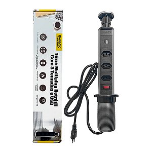 Torre Tomada de Embutir Retrátil com USB, USB-C e 3 Tomadas Bivolt