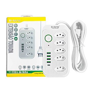Extensão 5 Tomadas + 4 USB + USB-C Filtro de Linha B-Max