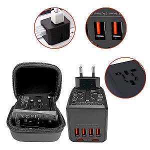 Carregador Universal com 4 USB e 2 Tipo-C para Viagens Internacionais