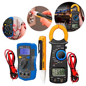 Kit Eletricista Profissional 3 Peças Multímetro Alicate Amperímetro Detector
