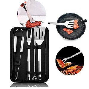 Kit churrasco completo 7 peças com espeto, garfo e espátula