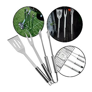 Kit churrasco inox durável com cabos de madeira resistente
