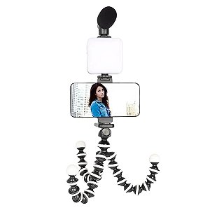 Kit para Gravação com Microfone Direcional, Luz LED e Tripé Articulado