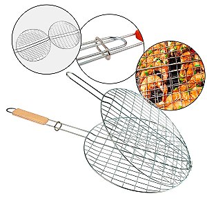 Grelha Dupla para Churrasco em Inox 31x31cm com Cabo de Madeira e Trava