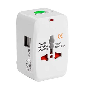 Adaptador de Tomada Universal para Viagem com 2 USB Bivolt e Plugues Retráteis