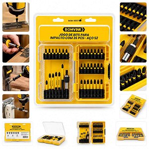 Kit Jogo de Bits para Parafusadeira de Impacto 36 Peças em Aço S2 com Estojo