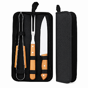 Kit Churrasco 3 Peças Aço Inox com Cabo de Madeira e Estojo com Zíper