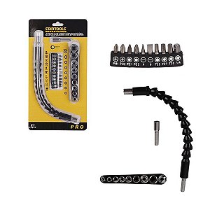 Kit Cabo Extensor Flexível para Parafusadeira com Bits e Soquetes 21 Peças Startools