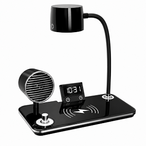 Luminária de Mesa LED 4 em 1 Preta Bluetooth Relógio Alarme e Carregador por Indução